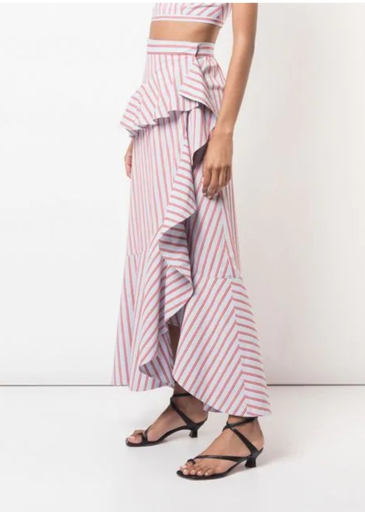 10 Crosby Derek Lam Cream and Rust Striped Ruffle Maxi Skirt